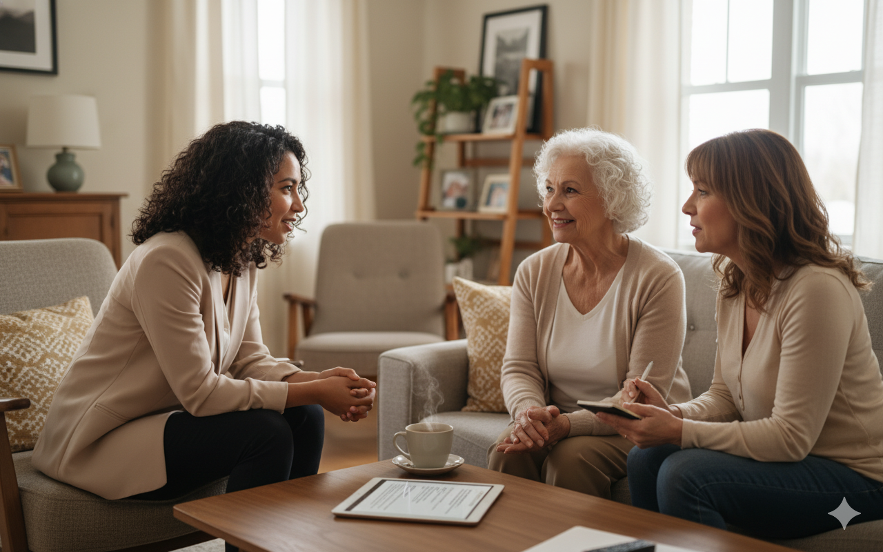 Conseillère empathique écoutant une personne âgée